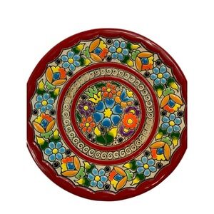 Vintage Cearco Spanish Ceramic Plate Cuerda Seca Hand Painted Floral Red
